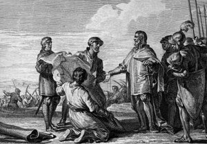 Projekt eines Kanals zwischen Rhein und Donau, 793: Karl der Große besucht die Baustelle des Kanals, um die Nordsee mit dem Schwarzen Meer zu verbinden. Gravur von Jean Michel Moreau, genannt Moreau le Jeune