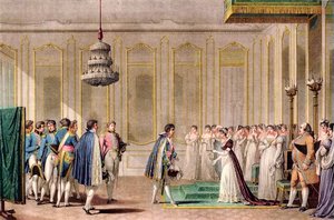 Heiratsantrag per Stellvertreter von Napoleon, präsentiert der Kaiserin von Österreich durch den Prinzen von Neufchâtel (Louis-Alexandre Berthier) - Gravur nach Jean-Michel Moreau le jeune von Jean Michel the Younger Moreau