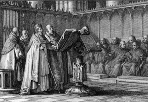 Robert II. der Fromme, König der Franken, singt bei einem Gottesdienst vor einem Lesepult. Er trägt seine Krone und hält sein Zepter. Gravur von Jean Michel Moreau, genannt Moreau le Jeune. von Jean Michel the Younger Moreau