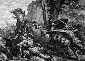 Roland starb während der Schlacht von Roncesvaux zwischen der Armee Karls des Großen und der der Sarazenen. 778. Gravur von Jean Michel Moreau, genannt Moreau le Jeune (1741-1814)