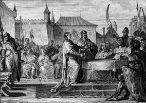 Nachfolge von Pippin dem Kurzen, 768: Eine Versammlung beschloss, das Königreich zwischen seinen beiden Söhnen Karl dem Großen (747-814) und Karlmann (ca. 751-771) zu teilen, wodurch die von Pippin dem Kurzen getroffenen Vereinbarungen aufgehoben wurden. G