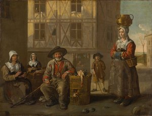 Ein Geflügelhändler und eine alte Frau, die sich die Hände wärmt, ca. 1652