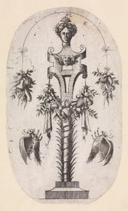 Entwurf für einen Pfeiler mit dem Kopf einer Frau, Riemenwerk und Trophäen, 1535-55 von Jean Mignon