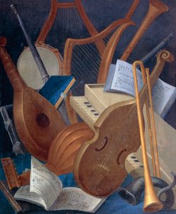 Musikinstrumente, Detail aus Allegorie der Musik, Tafelbild von Jean Mosnier (1600-1656). Schloss Beauregard, Loir-et-Cher, Frankreich. von Jean Monier or Mosnier