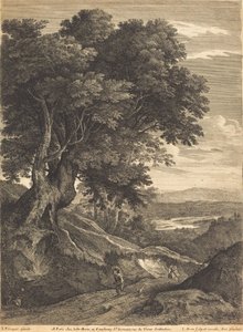 Hügelige Landschaft mit Reisenden zu Fuß