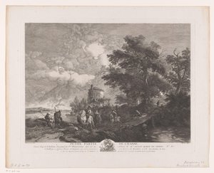 Jagdgesellschaft in einer Landschaft mit Brücke (Serientitel) von Jean Moyreau