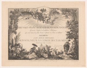 Titelblatt mit Figuren und Tieren in einer Landschaft, mit dem Porträt von Philips Wouwerman