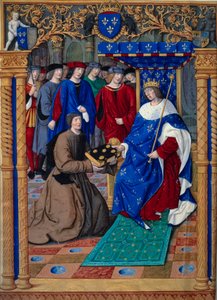 Francesco Petrarca oder Petrarch überreicht sein Buch dem König von Frankreich Ludwig XII. Miniatur in „Remedies against both fortune. De remediis utriusque fortunae“ von Petrarque (1304-1374) und illuminiert von Jean Pichore um 1503. Paris, NL