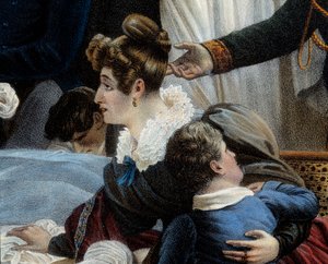 Der Tod Napoleons, 5.05.1821 auf St. Helena (Detail) Darstellung von Fanny Bertrand, Ehefrau von Henri Gatien Bertrand (1773-1844). Lithographie von Jean Pierre Marie Jazet (1788-1871) nach dem Gemälde von Charles Auguste Steuben (1788-1856) Malmaison. Châ von Jean Pierre Marie Jazet