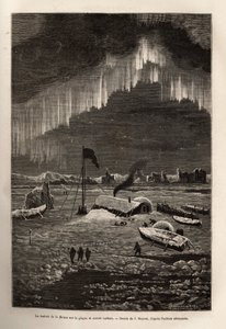 Nach dem Verlassen ihres Schiffes baute die Besatzung der La Hansa ein Lager auf einem treibenden Eisblock, beleuchtet von der Aurora Borealis, graviert nach der Zeichnung von J. Moynet, zur Illustration der Reise der Schiffe La Germania und La Hansa zum N von Jean Pierre Moynet