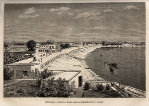 Chandernagor (heutiges Chandannagar, in Westbengalen), am Ufer des Ganges, Gravur nach der Zeichnung von J. Moynet, zur Illustration der Reise in Indien der Rajahs, 1864-1868, von Louis Rousselet, veröffentlicht in „Le tour du monde“ 1874, herausgegeben von Jean Pierre Moynet