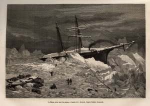 Das deutsche Schiff La Hansa im Eis gefangen, die Besatzung beeilt sich, die notwendigen Gegenstände und Vorräte auszupacken, bevor sie das Schiff verlassen und die Expedition auf dem Eis fortsetzen, graviert nach der Zeichnung von J. Moynet, zur Illustrat von Jean Pierre Moynet