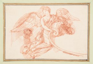 Geflügelte weibliche Figur mit dekorativer Schriftrolle