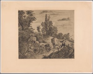 Landschaft mit einem im Wasser steckengebliebenen Wagen, der von einer Gruppe Männer an Land gezogen wird