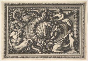 Entwurf für ein Paneel mit zwei Varianten, die einen Satyr und eine Sphinx enthalten, aus: Panneaux, 17. Jahrhundert
