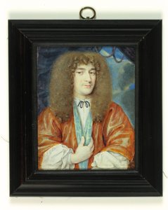 Ein Gentleman im weißen Hemd und orangefarbenem Gewand mit blauem Seidenfutter, lange hellbraune Perücke von Jean the Younger (attr.to) Petitot