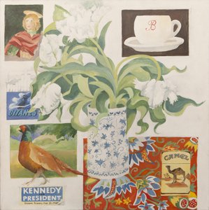 Ephemera, einschließlich Kaffeetasse, Zigarettenschachteln; Postkarte und Tulpen von Jennifer Abbott