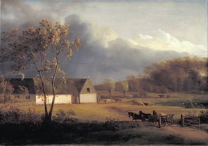 Ein Sturm braut sich hinter einem Bauernhaus in Seeland zusammen
