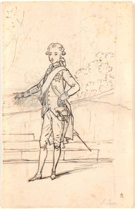 Kompositionsentwurf für ein Ganzkörperporträt von Frederik dem Sechsten als junger Kronprinz. Stehend en face mit rechter Hand in der Seite und linker Hand auf einem Tisch gestützt von Jens Juel