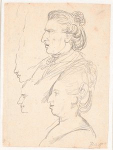 Profilporträts von Königin Caroline Mathilde, J.F. Struensee und Enevold Brandt, sowie ein Entwurf, möglicherweise von Juel selbst. Alle im Profil nach links