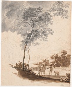 Schweizer Landschaft mit einem Reiter, der zwei Pferde und ein paar Hunde hält; Studie zum Porträt von Jean-Armand Tronchin von Jens Juel