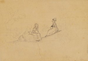 Drei Damen mit Muffen auf einem Hang im Freien, hinter ihnen angedeutet eine vierte Figur mit Kind auf dem Arm von Jens Juel