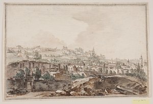 Stadtansicht mit Häusern und Mauer am Fluss; im Hintergrund Kirchen und Paläste von Jens Petersen Lund