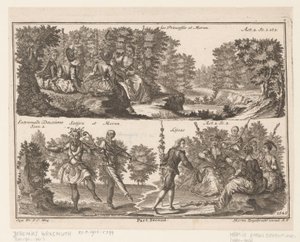 Zwei Theaterszenen mit Figuren in einer waldreichen Landschaft