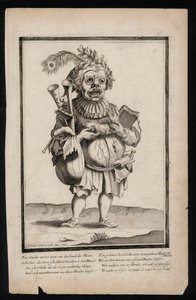Mann mit Dudelsack und Pfauenfederkopfschmuck, surrealistischer Kostümdruck, ca. 1700 von Jeremias Wolff