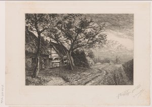 Landschaft mit Bauernhöfen und Mühle