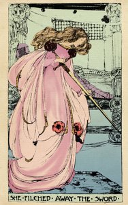 Die Fee Morgane stiehlt Excalibur für ihren Geliebten, um es gegen König Artus zu verwenden. Illustration von Jessie Marion King (1875-1949) für das Buch „Die hohe Geschichte des Heiligen Grals von Perceval dem Waliser, Ritter der Tafelrunde“ von Sebastian von Jessie Marion King