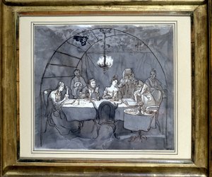 Laubhüttenfest im Restaurant Kasher durch die Familie von Moses Ulmann. Zeichnung auf Papier, Federwaschung, 1831. Jüdisches Museum Basel, Schweiz.