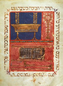 Seite eines Manuskripts einer hebräischen Bibel. Kultgegenstände. Beleuchtung aus dem 14. Jahrhundert