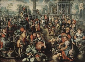 Marktszene: Ecce Homo, die Geißelung und das Tragen des Kreuzes, 1561 von Joachim Beuckelaer