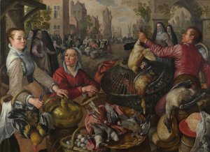 Die vier Elemente: Ein Geflügelstand in einer Stadt mit dem verlorenen Sohn im Hintergrund - eine Allegorie der Luft, 1569 von Joachim Beuckelaer
