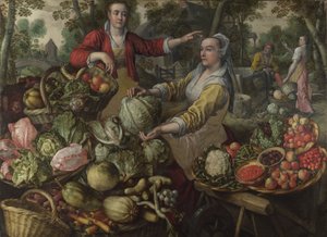 Die vier Elemente: Erde. Ein Obst- und Gemüsemarkt mit der Flucht nach Ägypten im Hintergrund - von Beuckelaer (Bueckelaer), Joachim (1533-1574) - 1569 National Gallery, London von Joachim Beuckelaer