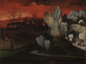 Landschaft mit der Zerstörung von Sodom und Gomorra, ca. 1520 von Joachim Patinir