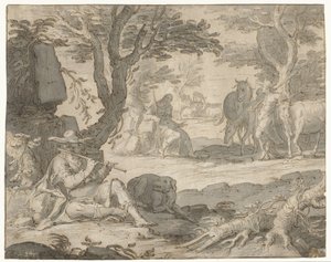 Apollo spielt die Flöte, während er die Herde von Admetus hütet von Joachim Wtewael or Utewael