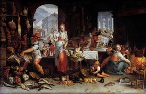 Eine Frau dreht ein Huhn in einer Küche voller Lebensmittel. Gemälde von Joachim Wtewael (1556-1638) von Joachim Wtewael or Utewael