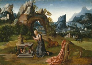 St. Hieronymus betend in einer Landschaft, 1525-50 von Joachim follower of Patenier or Patinir