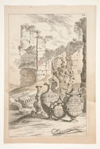 Ein Kerzenhalter und verzierte Krüge in einer Landschaft mit Ruinen, aus Sculpturae Veteris Admirata von Joachim von Sandrart