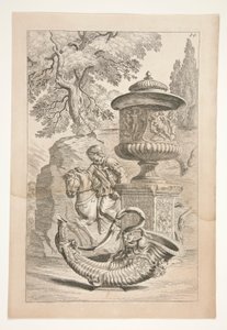 Ein Relief von Kriegern, eine bedeckte Vase mit einem bacchischen Relief und ein Füllhorn in einer Landschaft