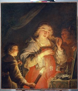Allegorie der Eitelkeit. Eine junge Frau mit blonden Haaren schneidet sich eine Haarsträhne vor einem Spiegel, der von einem Mann gehalten wird, ein Kind beleuchtet sie mit einer Fackel.