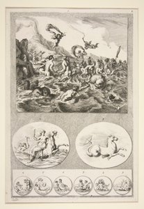 Obere Hälfte: Nereiden spielen Untere Hälfte: Zwei Reliefs und sechs Münzen von Joachim von Sandrart
