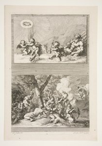 obere Hälfte: Ein Flussgott und Putti spielen mit den Symbolen des Ruhms untere Hälfte: Die Bestrafung des Amor