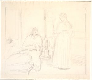 Interieur mit Uhr und sitzender und stehender Frau