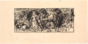 Prinzessin führt schwarzes Pferd zu sitzendem Ritter im Wald