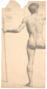 Stehendes männliches Modell, von hinten gesehen, Stock in der linken Hand, rechter Arm und Bein abgeschnitten von Joakim Frederik Skovgaard