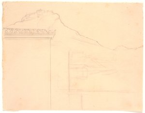 Aussicht auf Gebäude auf einem Felsvorsprung; im Vordergrund links eine Hausecke von Joakim Frederik Skovgaard