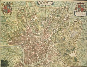 Karte von Rom, Stich aus Theatrum civitatum et admirandorum Italiae von Joan Blaeu, gedruckt in Italien von Joan Blaeu